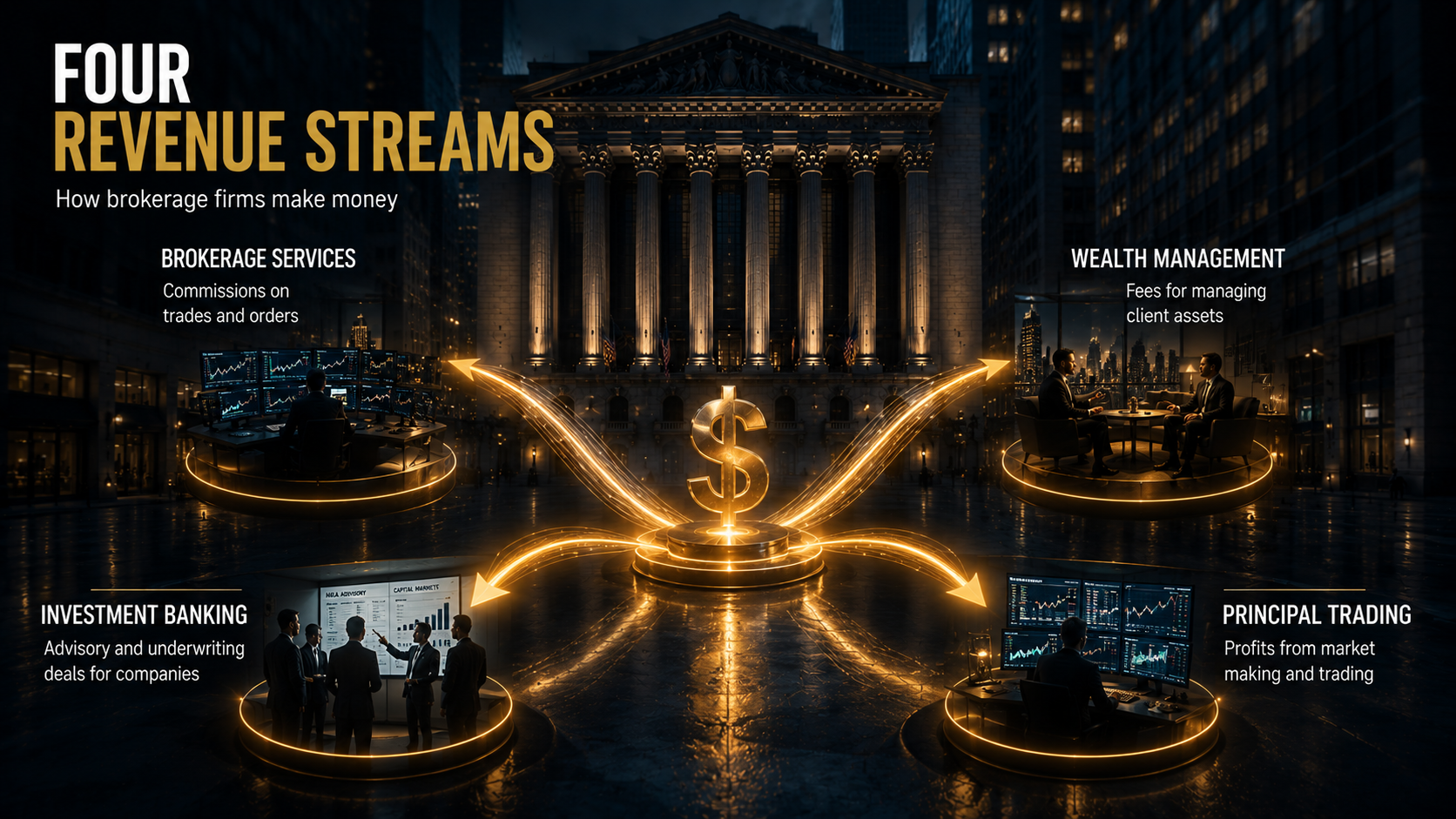 Four major revenue streams of brokerage firms including wealth management and investment banking