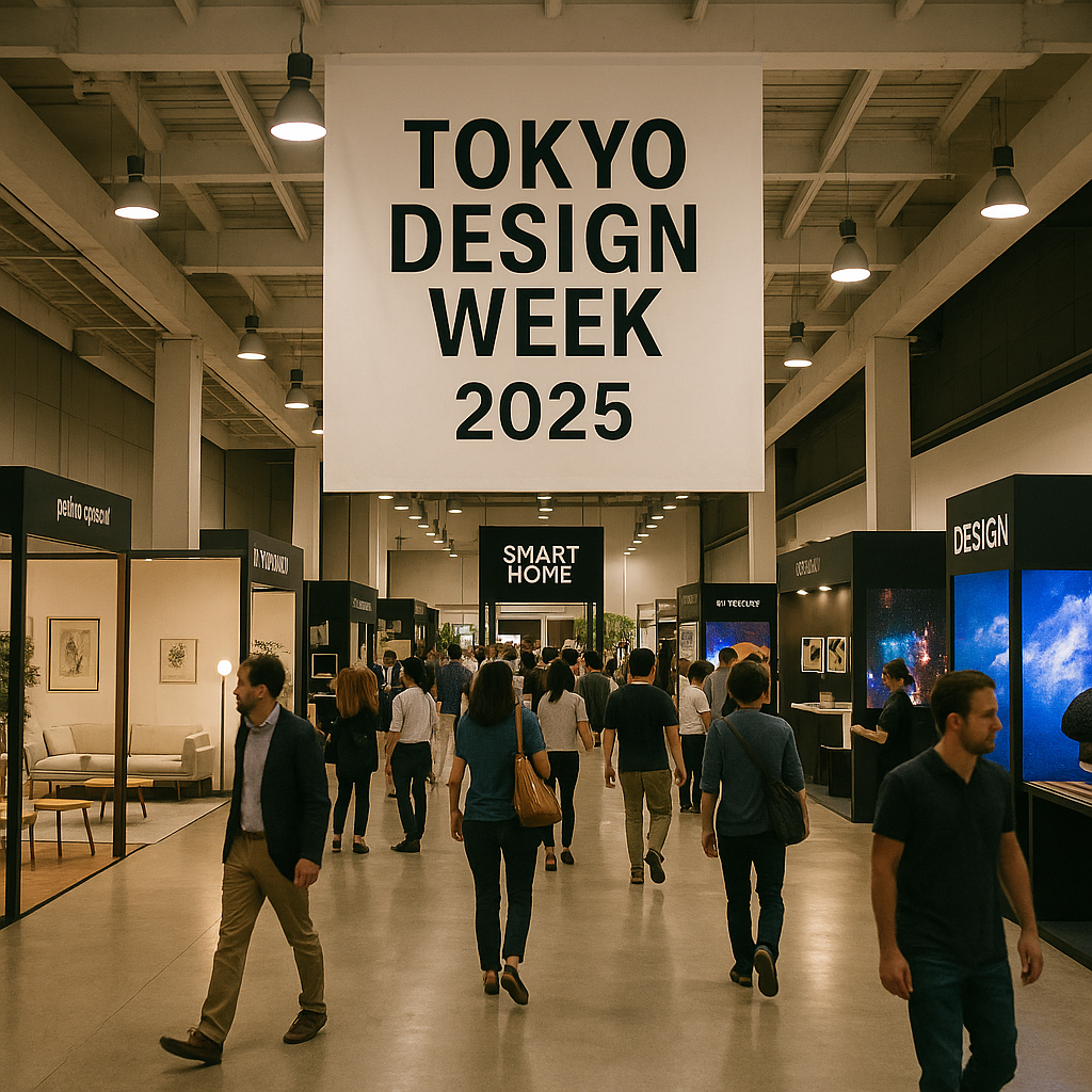 도쿄 디자인 위크 2025 전시장 입구, ‘TOKYO DESIGN WEEK 2025’ 현수막 아래 다양한 관람객들이 스마트홈과 디자인 부스를 향해 걷는 장면.