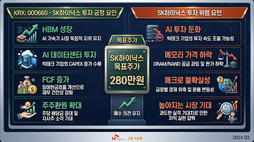 SK하이닉스 목표주가 280만원의 상승 요인과 위험요인을 비교한 인포그래픽
