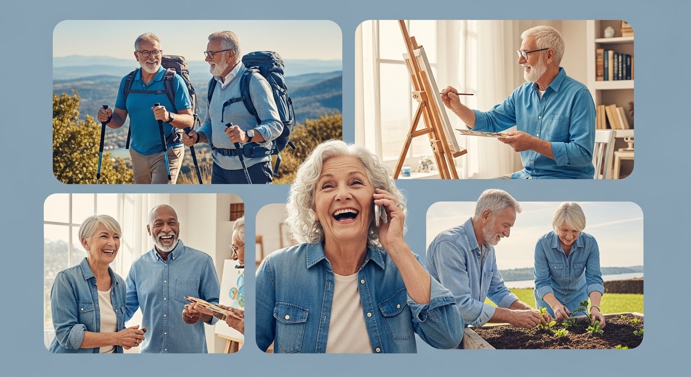 다양한 여가 활동을 즐기며 활기찬 노년기를 보내는 고령층의 모습.