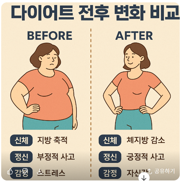 다이어트 전후 변화 비교&quot;라는 제목 아래, 체지방 축적에서 감량으로, 부정적 사고에서 긍정적 사고로, 스트레스에서 자신감으로 변화하는 여성의 신체적·정신적·감정적 비교를 시각화한 인포그래픽
