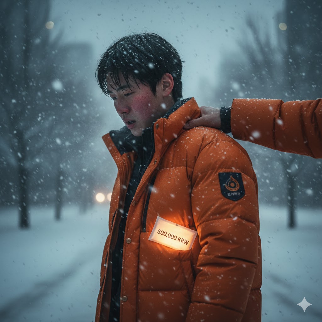 한겨울 추위에 떨고 있는 사람에게 '정부 지원금'이라고 적힌 따뜻한 주황색 패딩과 핫팩(50만 원)을 건네주는 모습