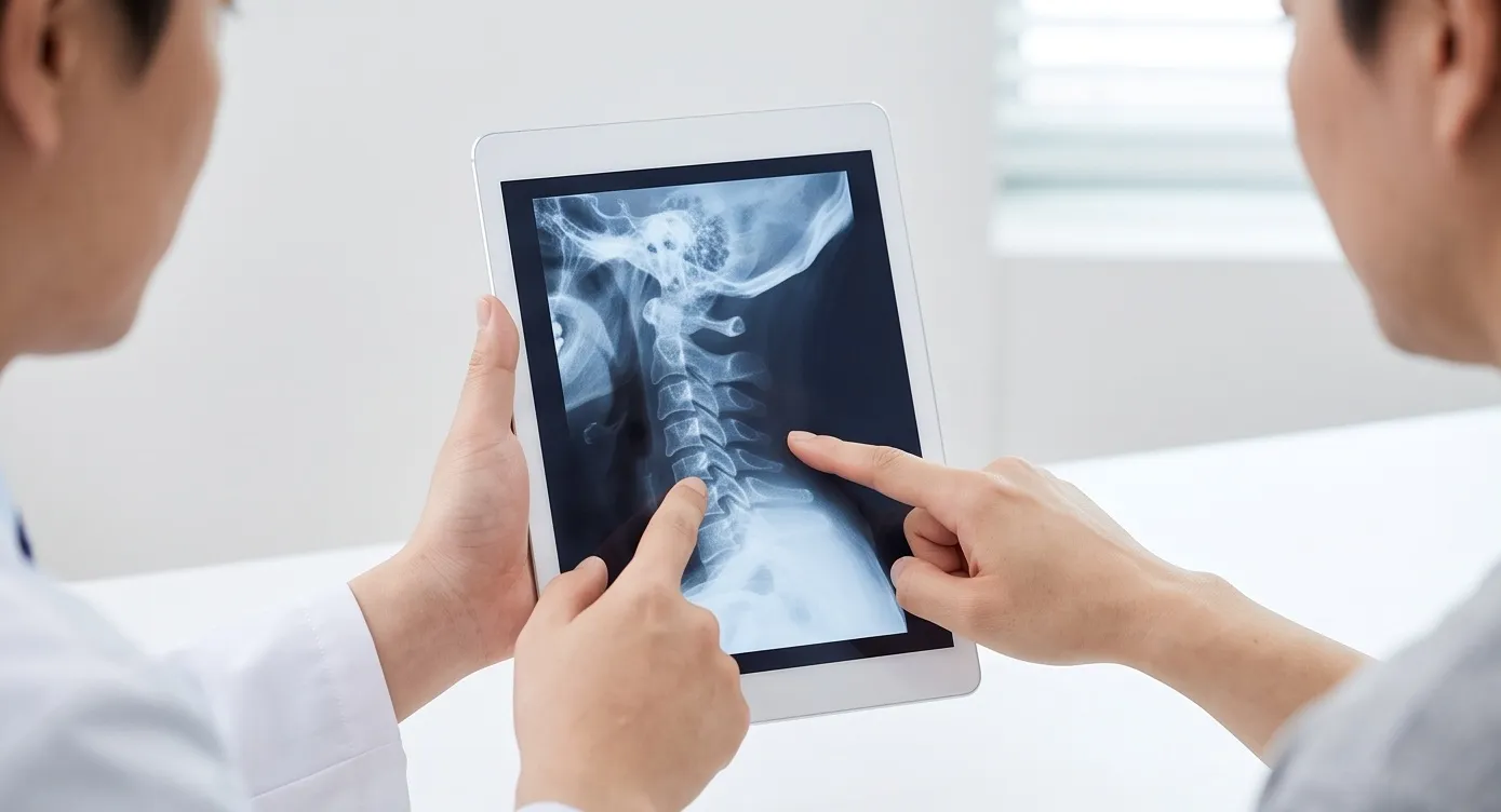 태블릿 화면의 목 뼈 X-ray 사진을 가리키며 진료 상담 중인 의사와 환자