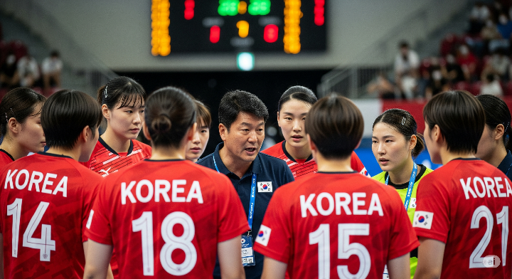 핸드볼 경기 전 전략을 짜고 있는 선수들