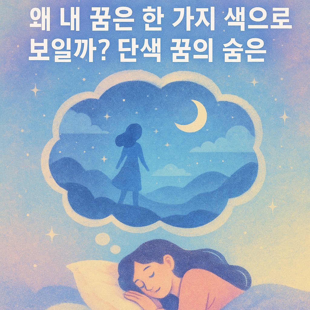 몽환적인 파스텔 톤 일러스트. 잠자는 여성이 베개에 기대어 자고 있으며, 머리 위 꿈속에는 달과 별이 빛나는 하늘 아래 한 가지 색조의 풍경이 펼쳐져 있다. 한국어 텍스트로 '왜 내 꿈은 한 가지 색으로 보일까? 단색 꿈의 숨은 의미'가 상단에 배치되어 있다.