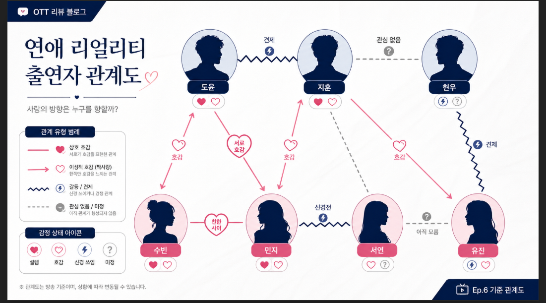 불량연애 출연진 관계도와 주요 호감선을 정리한 인포그래픽 이미지