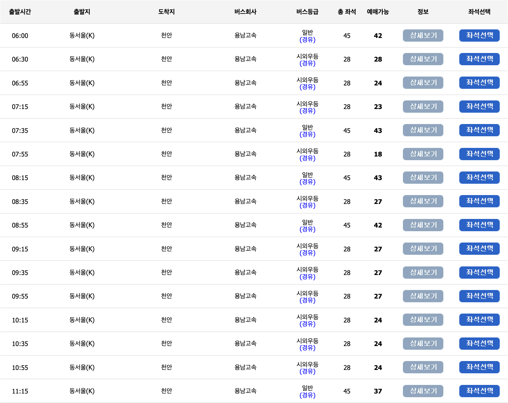 동서울터미널 ↔ 천안종합터미널 버스 예매 시간표 1309번 버스 예약 (동서울 잠실 장지역 가천대 백속대 천안)