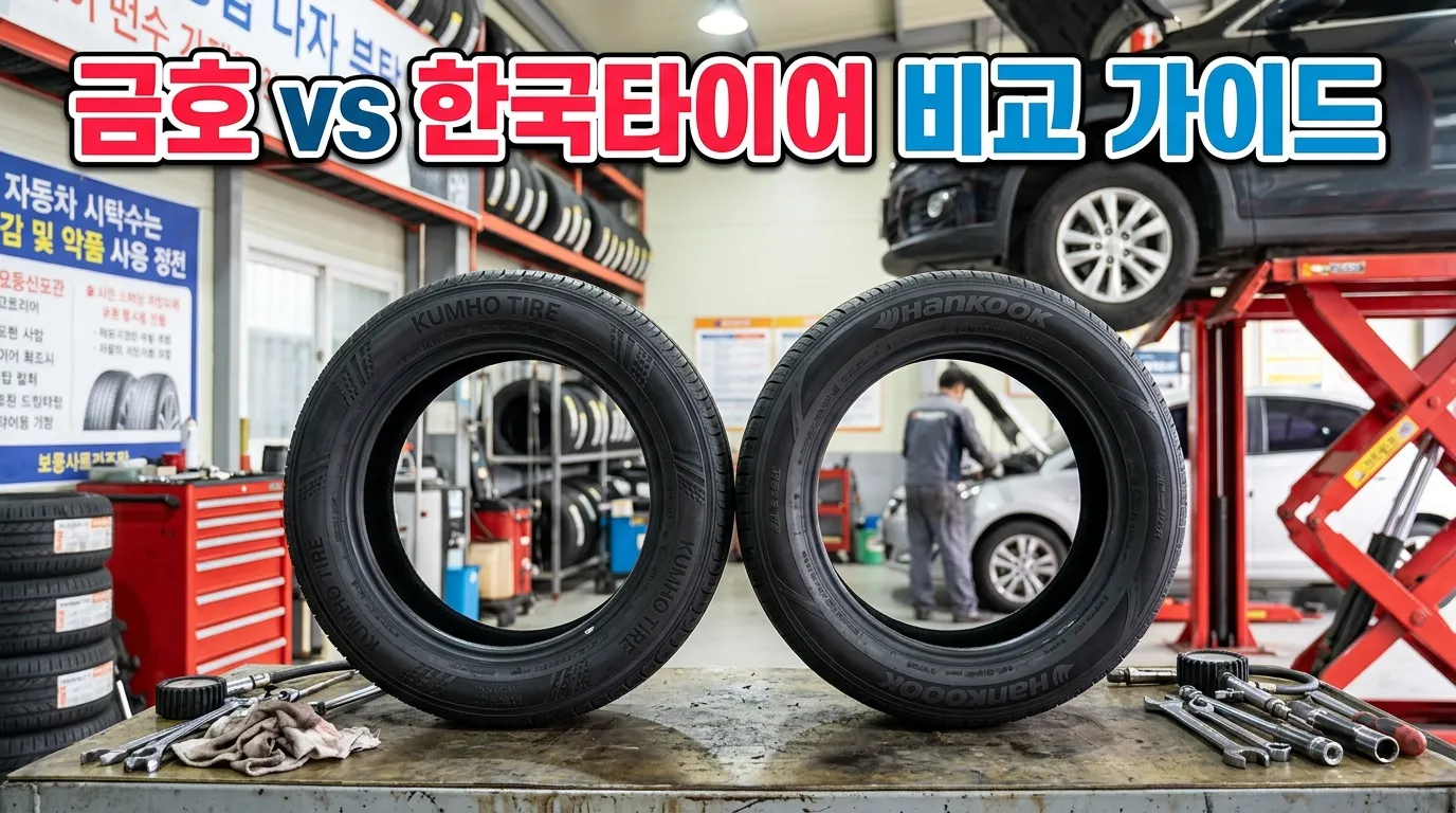 금호타이어와 한국타이어 제품이 나란히 놓인 정비소 작업대