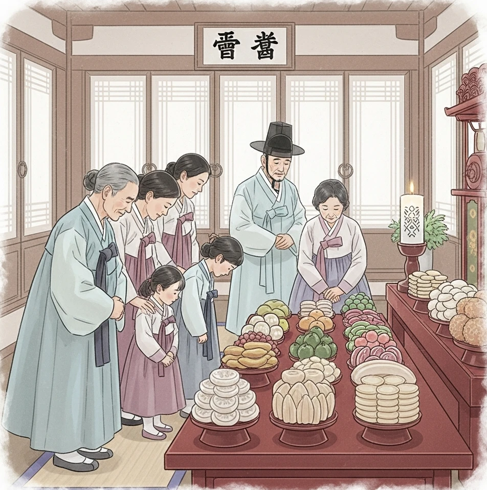 차례 절하는 가족