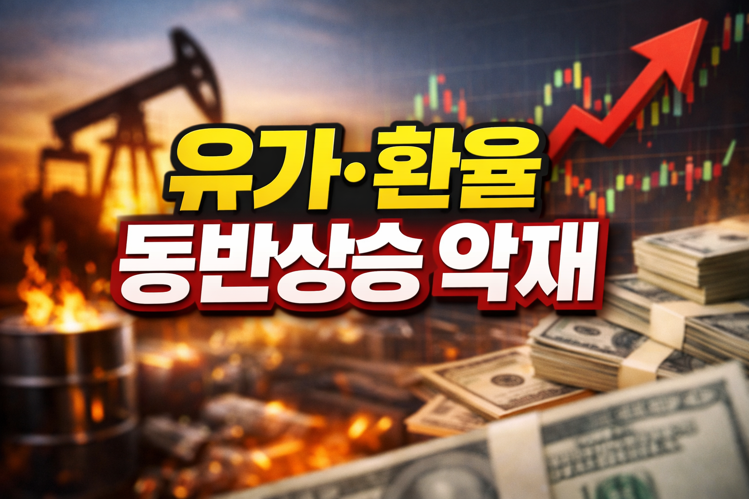 유가 상승과 환율 급등을 나타내는 원유 펌프와 상승 차트, 달러 지폐 이미지로 고유가&middot;고환율이 한국 증시에 미치는 영향 설명