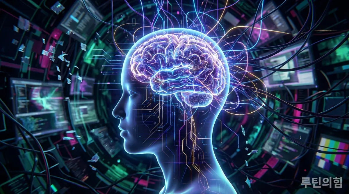 정보 과부하로 혼란스러운 뇌를 시각화한 이미지