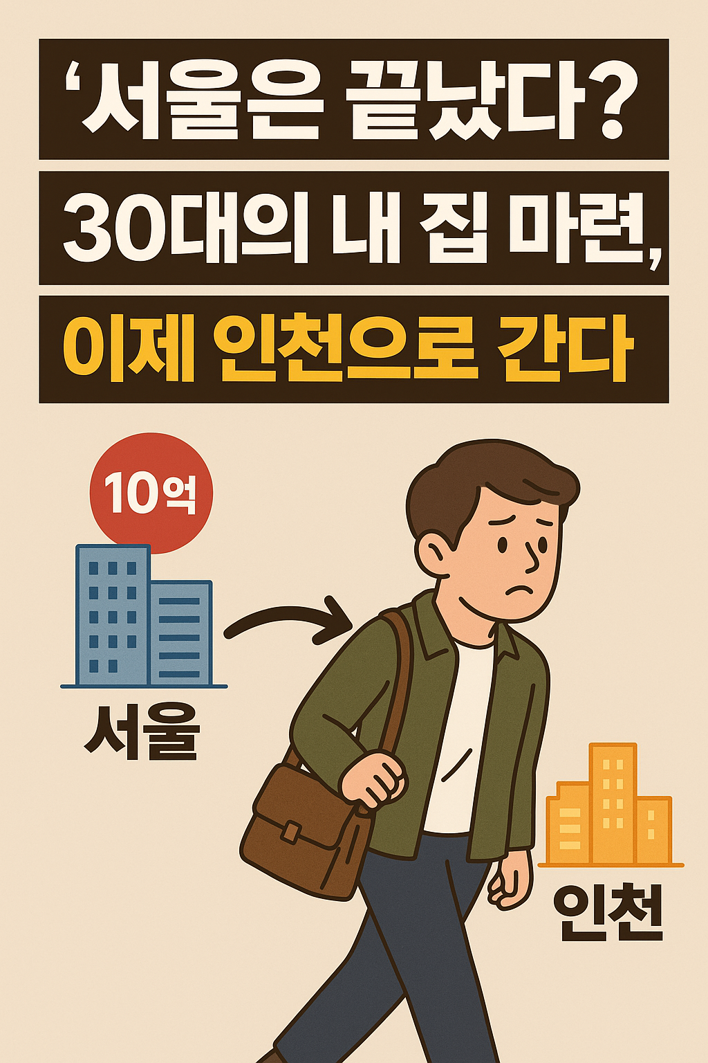 서울 아파트 가격 상승으로 30대 실수요자가 인천으로 이동하는 흐름을 보여주는 일러스트 썸네일, '서울은 끝났다?' 라는 문구와 함께 서울에서 인천으로 향하는 남성 캐릭터 삽화 포함