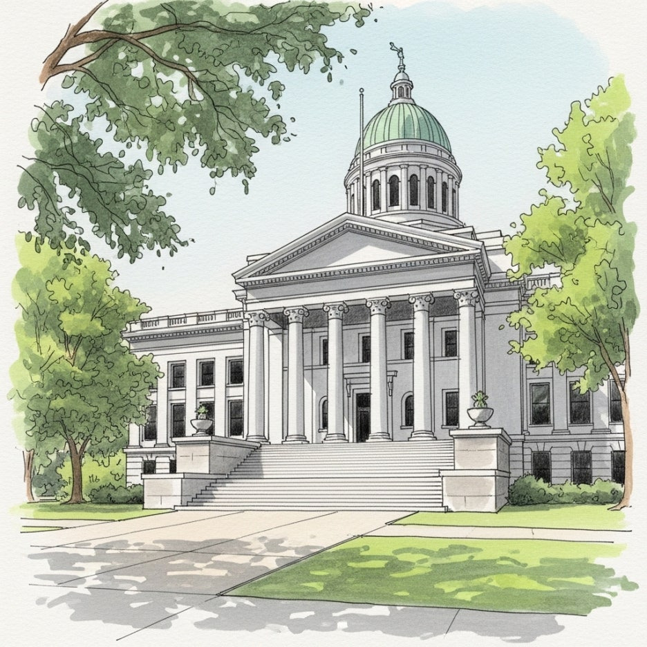 맑은 하늘 아래 우뚝 솟은 법원 건물의 당당한 풍경