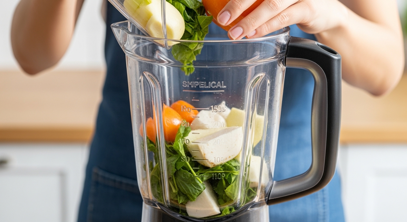 믹서기에 재료를 넣어 주스를 만드는 과정