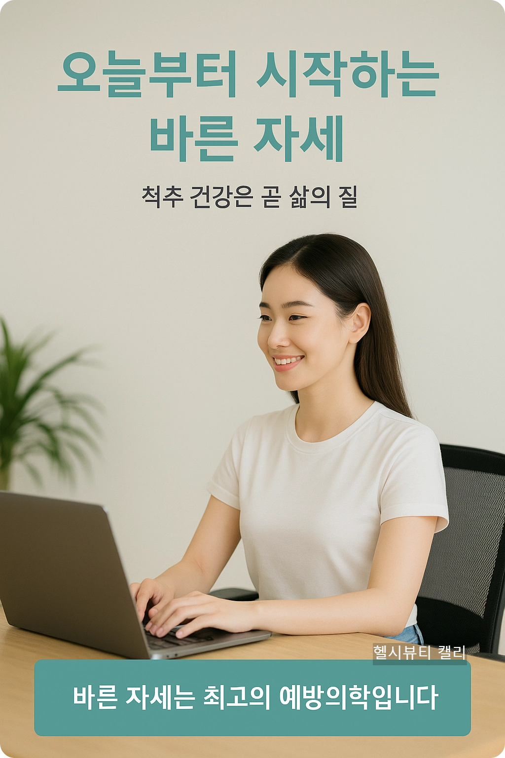 세련된 20대 강남 여성이 깔끔한 사무환경에서 바른 자세로 노트북을 사용하는 프리미엄 인포그래픽. 상단에 '오늘부터 시작하는 바른 자세'와 '척추 건강은 곧 삶의 질' 문구, 하단에 '바른 자세는 최고의 예방의학입니다' 강조 메시지가 포함됨.