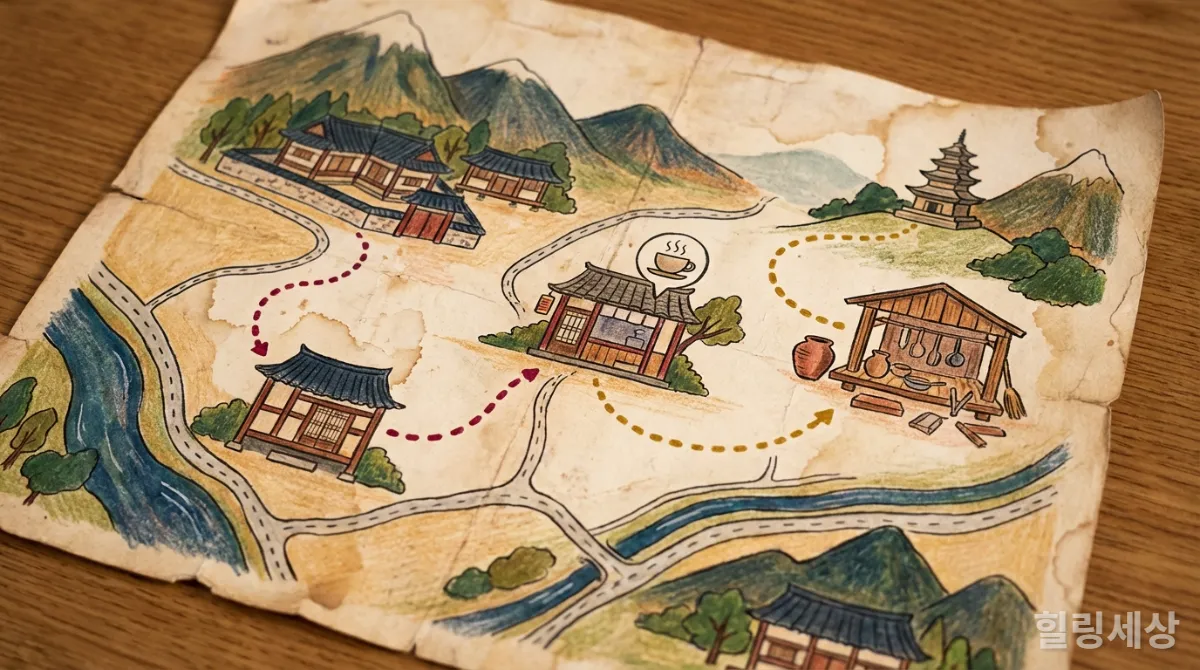 숨겨진 명소를 표시한 손으로 그린 한국 소도시 여행 지도