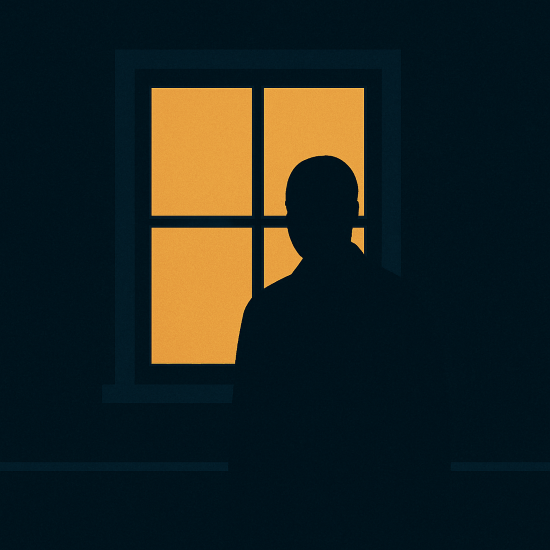 밤에 창밖에서 방 안을 들여다보는 인물의 어두운 실루엣. 방 안은 불이 켜져 있고, 인물은 창문 바깥 어둠 속에 서 있으며 실내를 응시 중. 인물은 보이지 않거나 흐릿하게 표현됨.