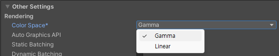 Other Settings -> Color Space를 Gamma로 변경