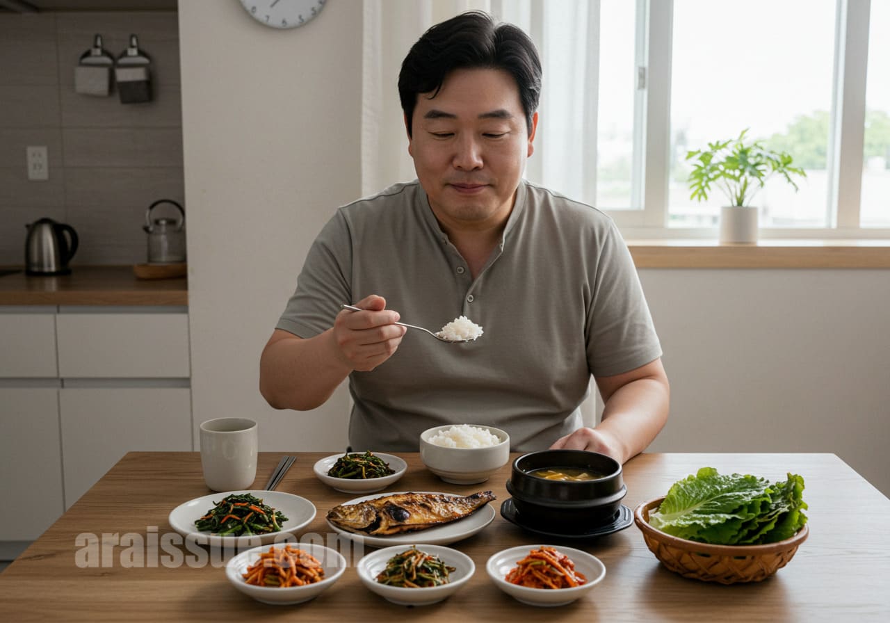 밥과 반찬을 차려놓고 여유롭게 식사하는 50대 한국 남성