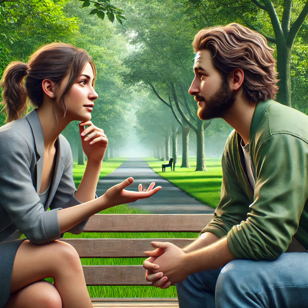 공원 벤치에서 진솔한 대화를 나누는 두 사람