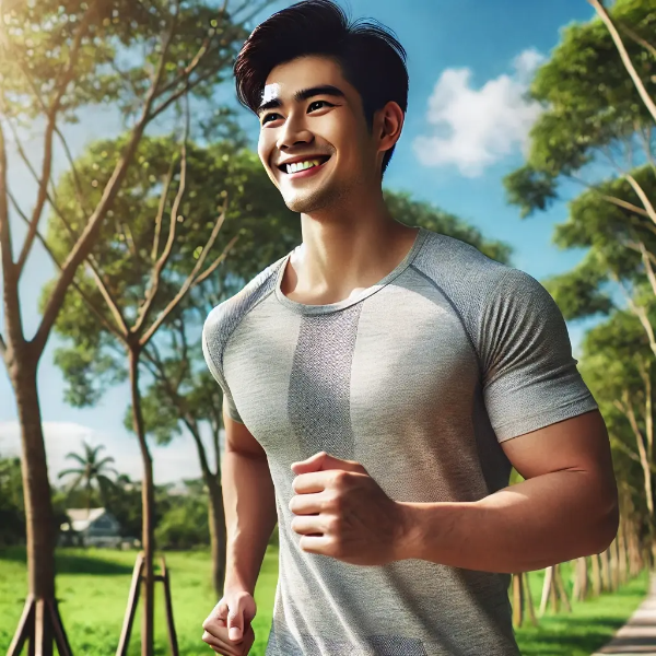 콜레스테롤 건강을 위해 활기차게 조깅하는 동양인 남성