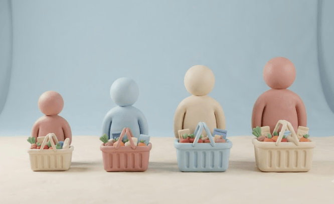 1인2인3인4인 가구 장바구니 크기 비교 3D 일러스트
