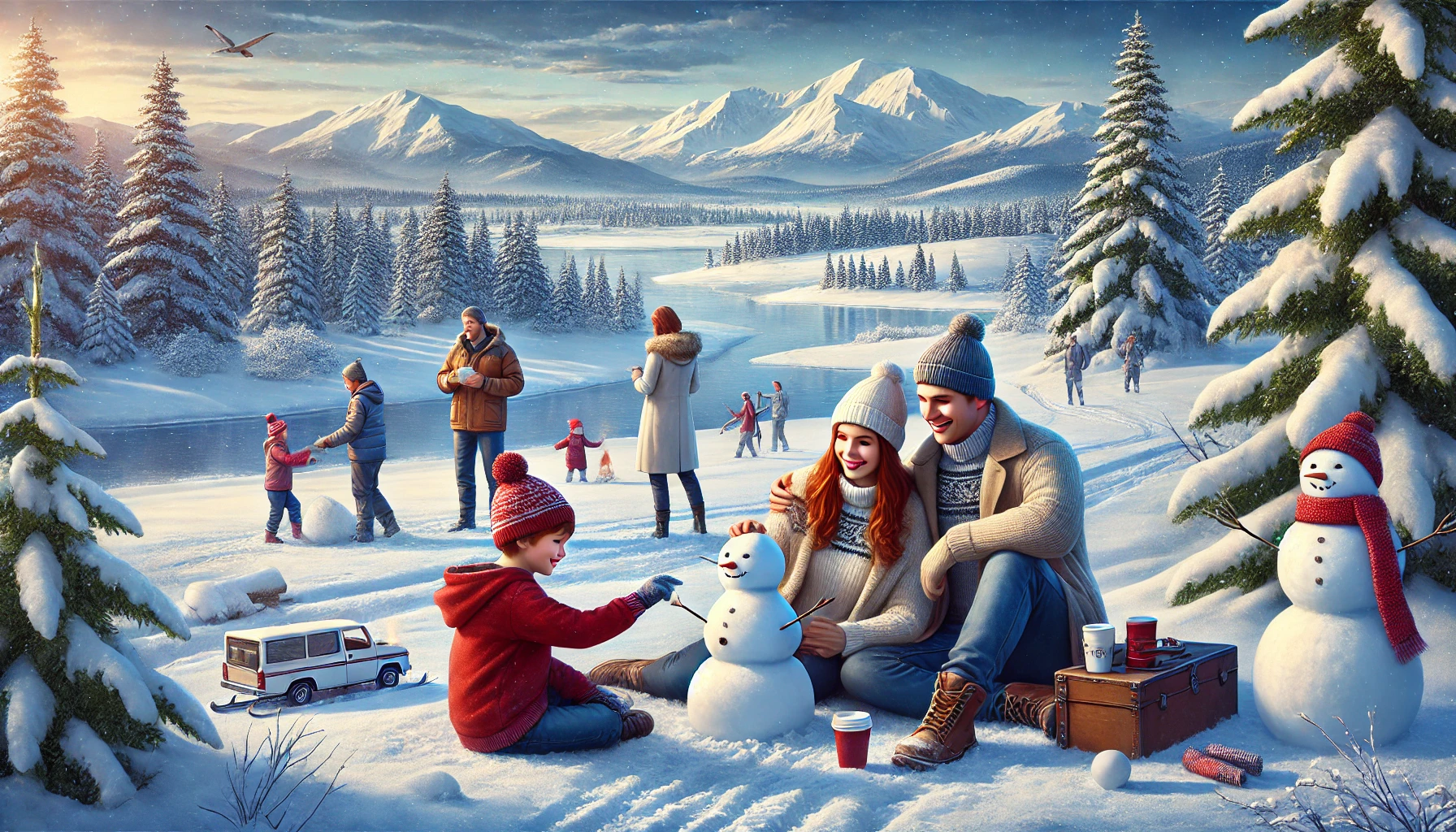 가족이 눈 내린 유원지에서 눈사람을 만드는 이미지