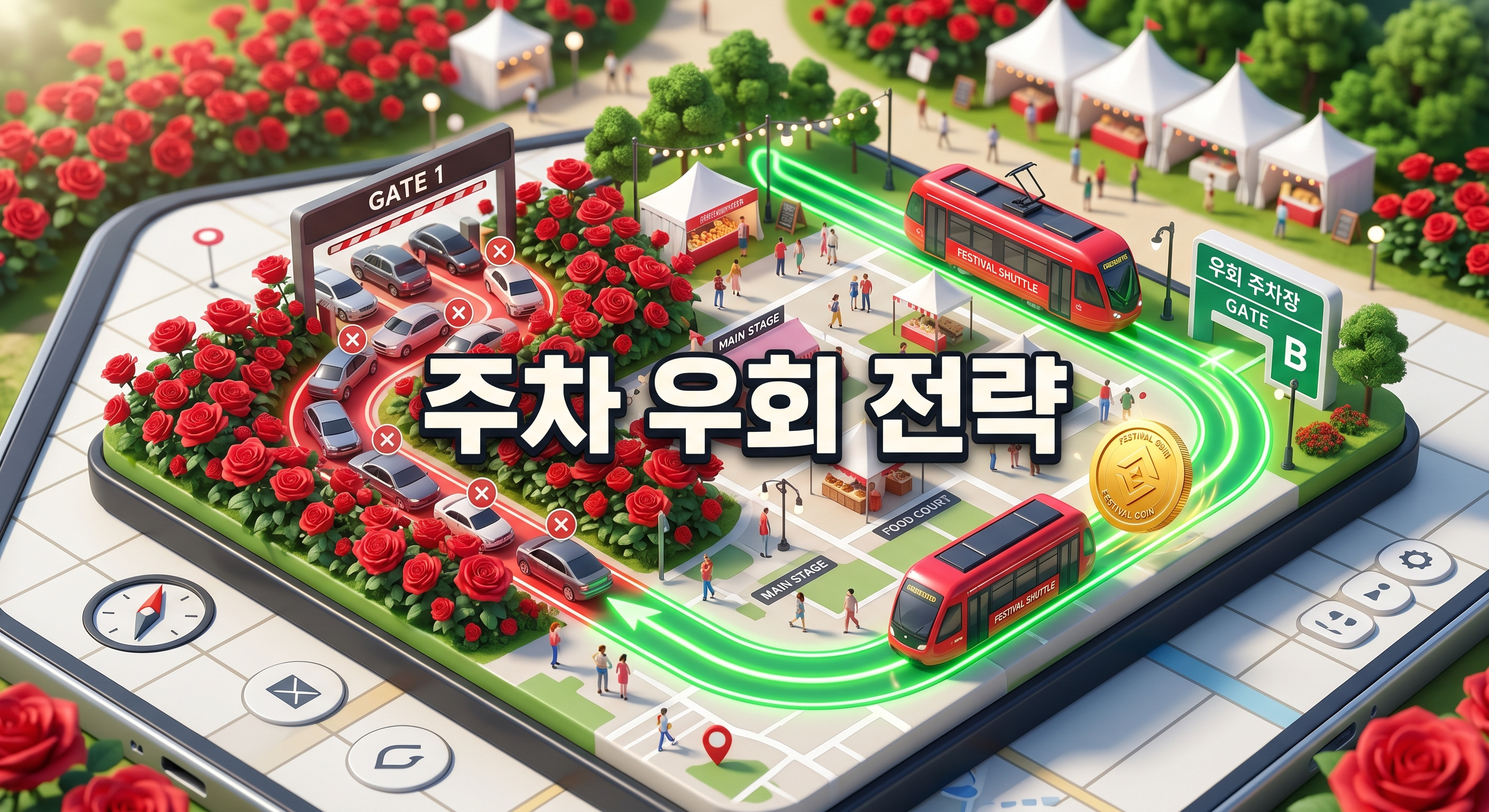 붉은 장미로 둘러싸인 혼잡한 주차장을 우회하여 쾌적한 다른 출입구로 이어지는 붉은색 경로가 표시된 스마트 디지털 지도 위에 붉은색 트램과 금화가 강조된 3D 일러스트 배경에, 짙은 그림자와 외곽선으로 선명하게 강조된 '주차 우회 전략'이라는 한글 문구가 중앙에 적힌 이미지