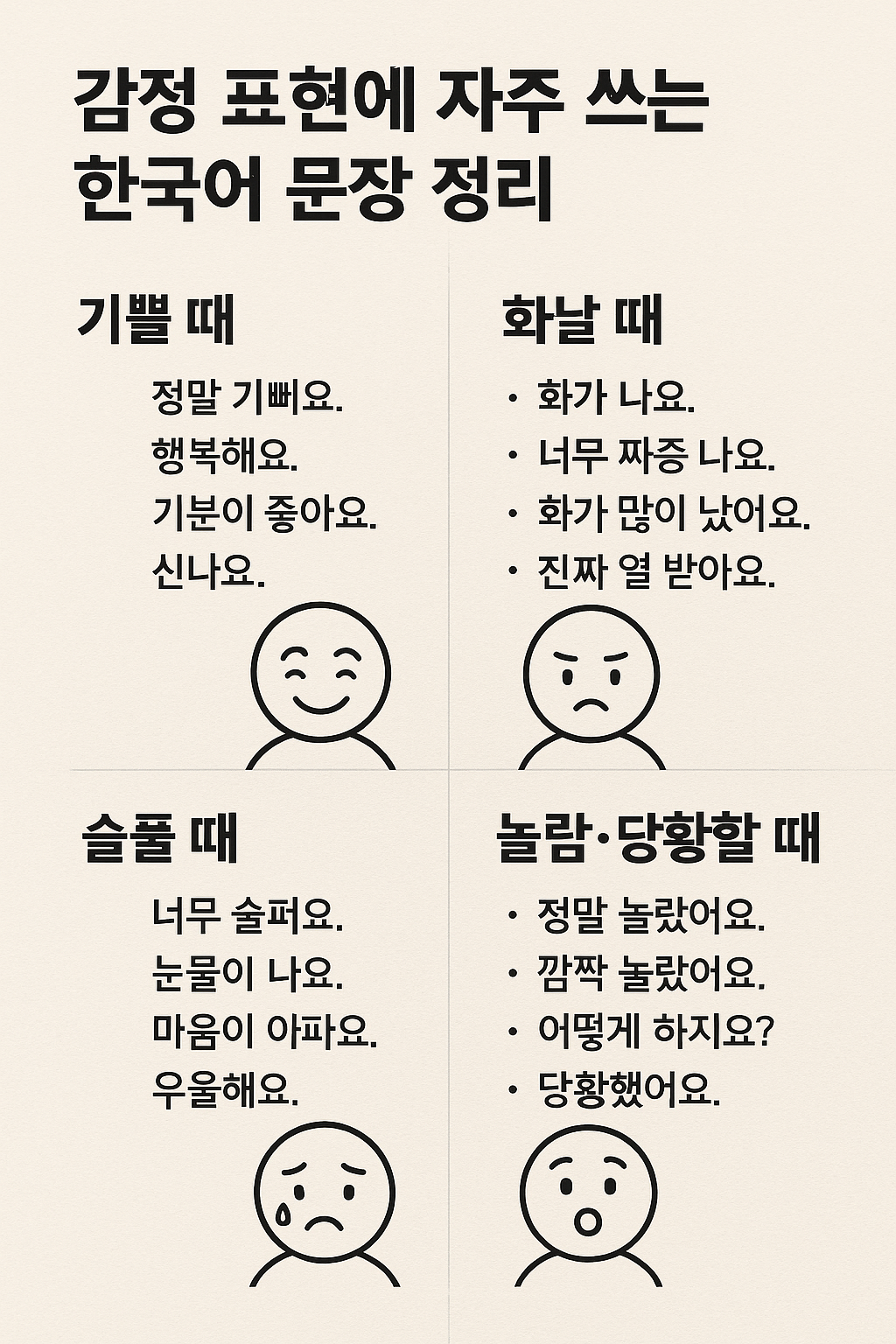감정 표현에 자주 쓰는 실생활 한국어 문장 정리