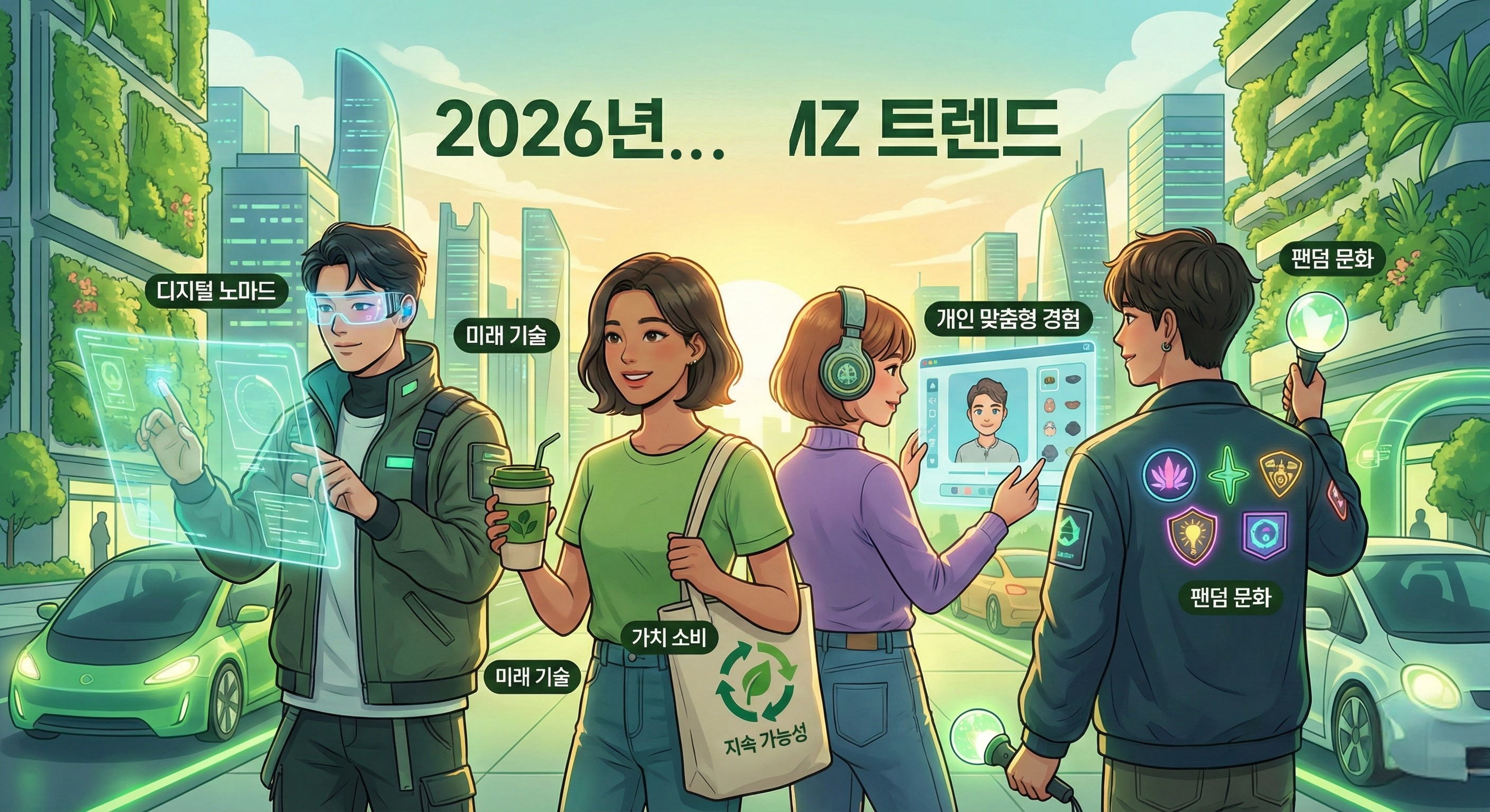 2026년 MZ세대의 다양한 트렌드를 보여주는 역동적인 일러스트. 개인화, 가치소비, 디지털 유목민, 팬덤 문화 등 미래 소비 및 라이프스타일 변화를 상징하는 젊은이들의 모습