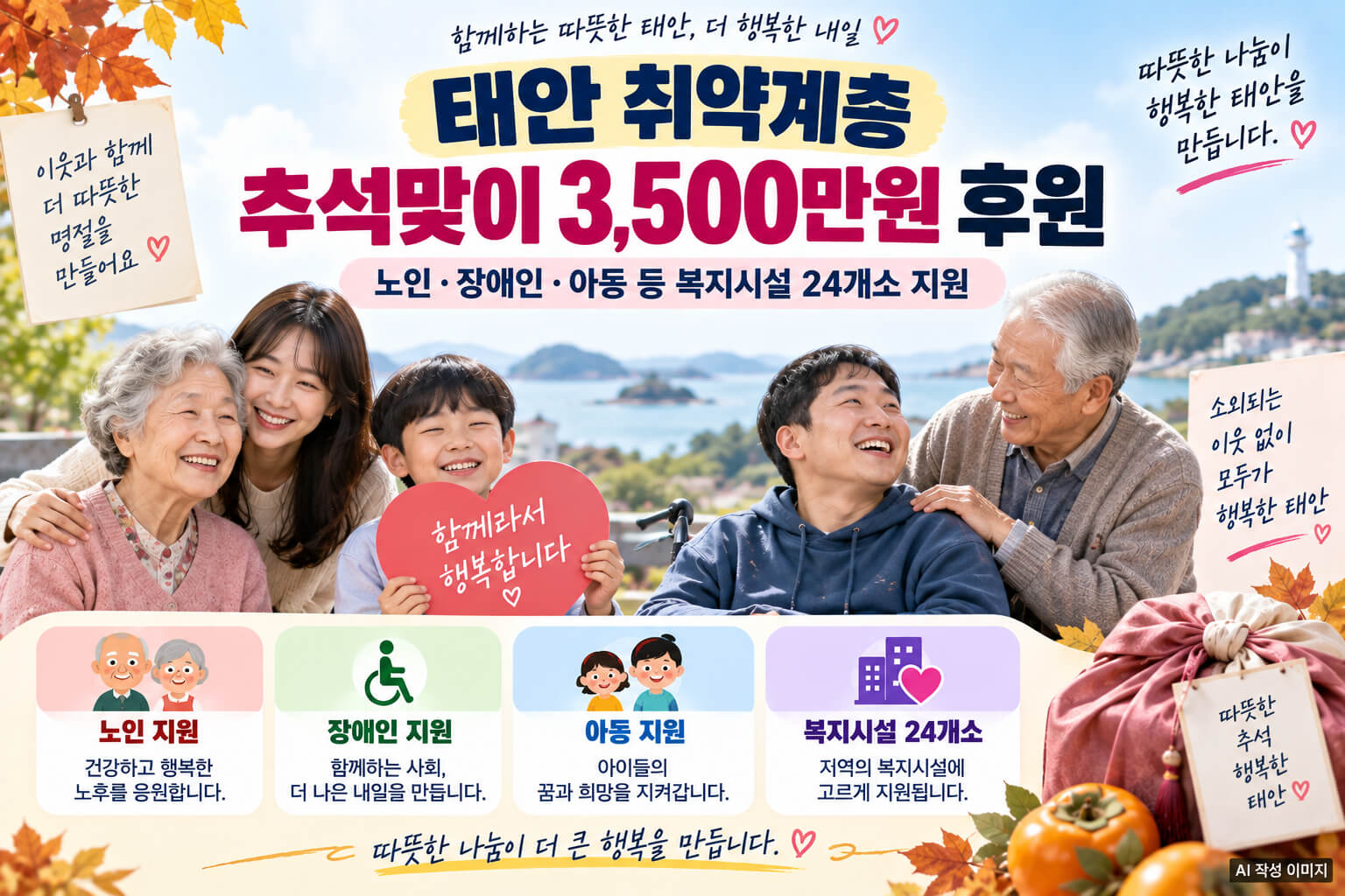 태안 취약계층을 위해 추석맞이 3,500만원을 후원하고 노인·장애인·아동 등 지역 복지시설 24개소를 지원하는 내용을 안내하는 이미지