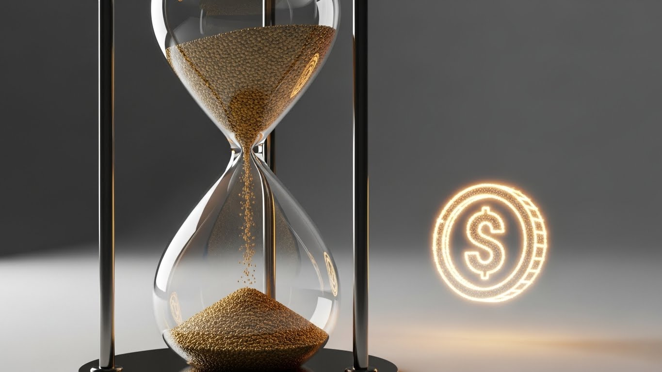 시간이 흐를수록 자동으로 수익이 쌓이는 디지털 자산의 가치를 상징하는 모래시계