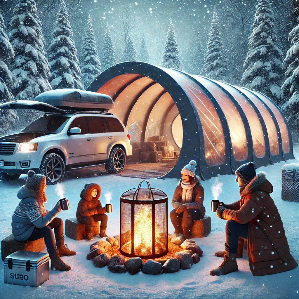 겨울에 터널형 텐트를 활용하여 동계 캠핑을 즐기는 사진