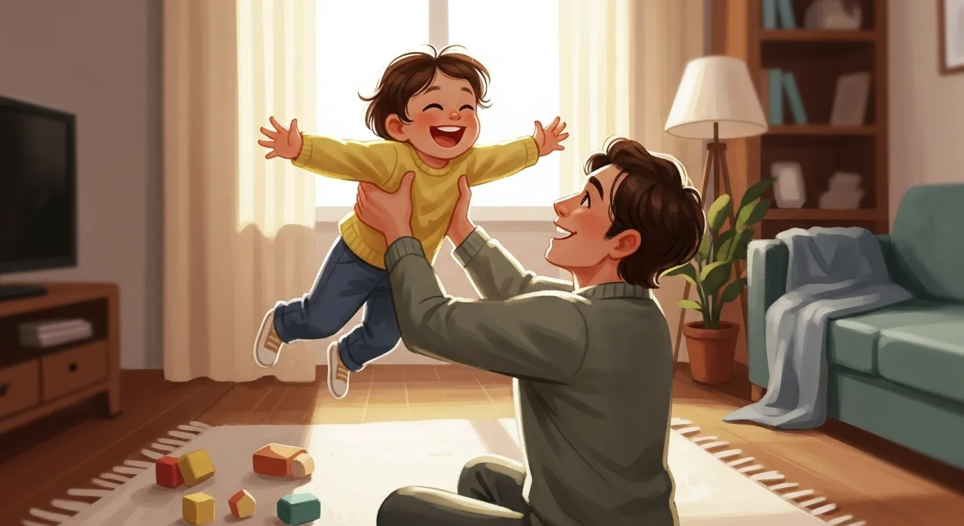 부모와 아이가 함께 집에서 즐거운 놀이 운동을 하며 유대감을 높이는 모습