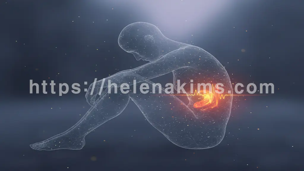 흐릿하고 몽롱한 배경에 만성 피로와 무기력감을 표현하는 인물의 추상적인 실루엣. 오른쪽 상복부에는 미묘한 불편함을 나타내는 빛 패턴이 있는 그래픽 이미지.