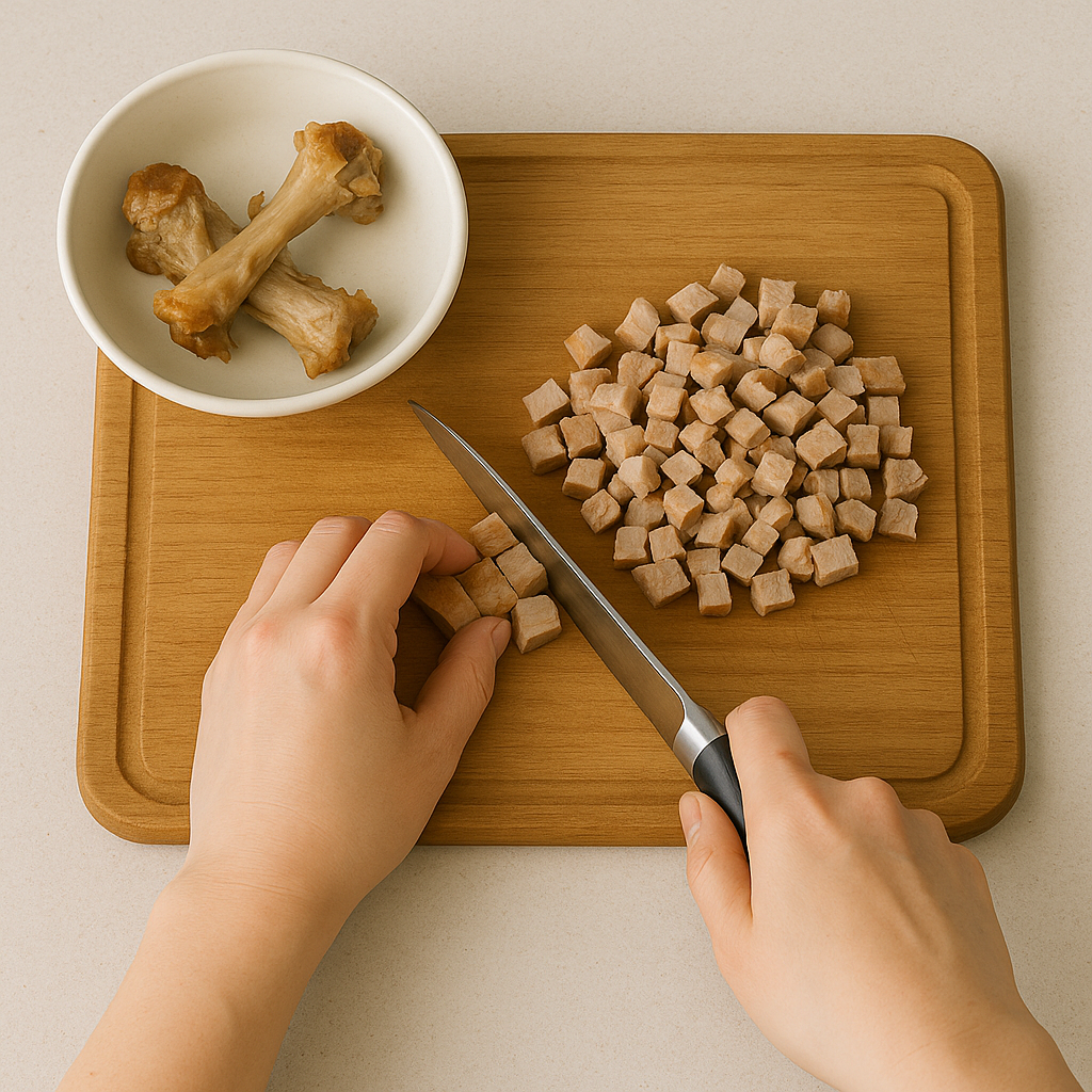 재료 준비: 족발은 뼈와 살을 분리해 살코기는 잘게 썰고, 뼈는 육수용으로 사용합니다.
