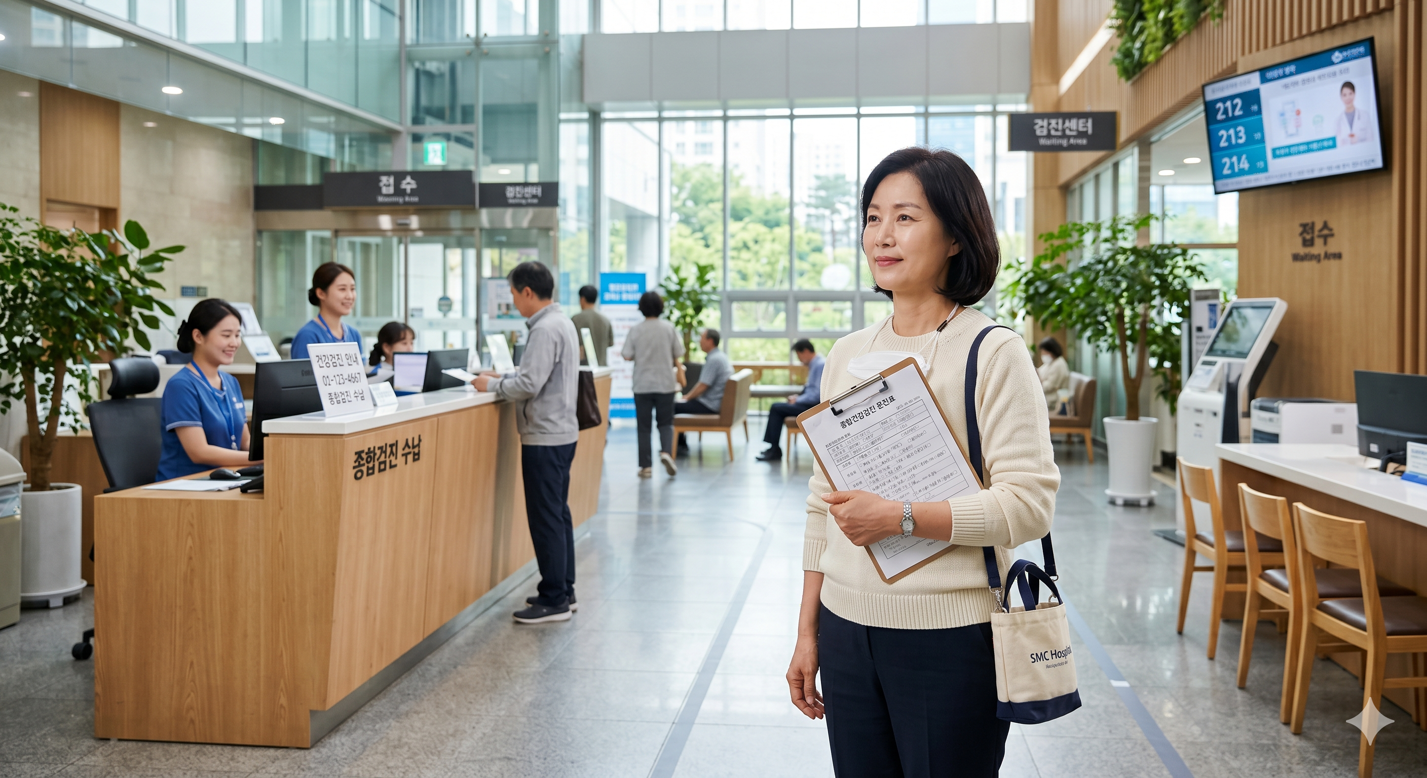 병원을 방문하여 건강검진을 준비하는 환자의 모습