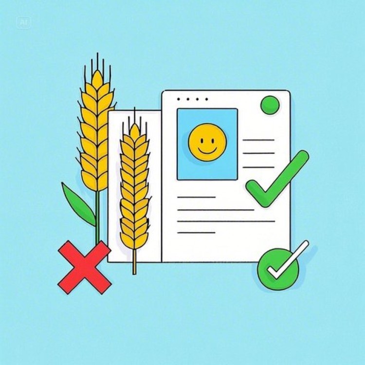 "글루텐 프리와 일반 식품을 대비시킨 인포그래픽 스타일 이미지. 왼쪽에는 밀, 보리, 호밀이 적힌 붉은 X표시가 있고, 오른쪽에는 쌀, 퀴노아, 감자 등 안전한 식품들이 초록색 체크마크와 함께 배치. 중앙에는 셀리악병 환자를 상징하는 스마일 아이콘이 있으며, 전체적으로 깔끔하고 교육적인 느낌의 파스텔 블루와 그린 톤으로 구성"