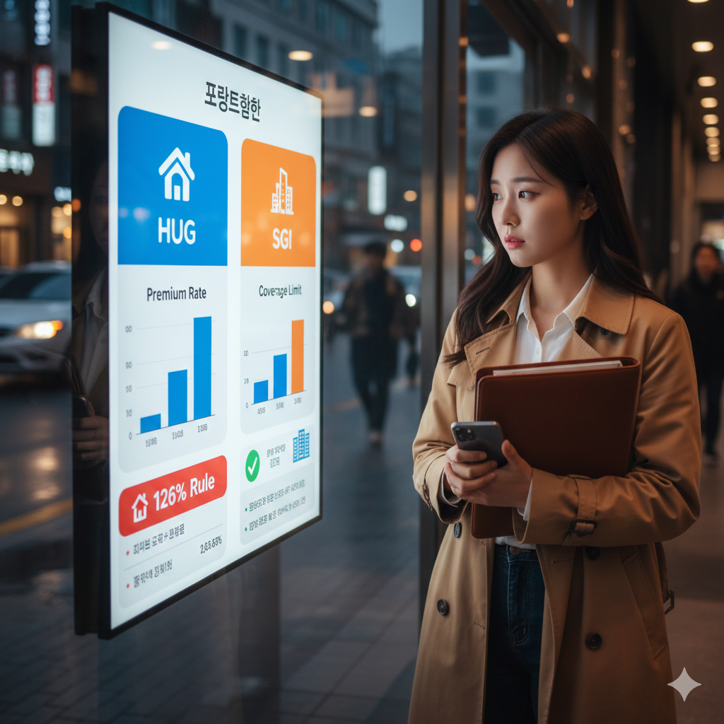 긴 코트를 입은 여성이 거리 디지털 사이니지 앞에 서서 HUG와 SGI 보험 비교 표를 바라보고 있다. 화면에는 보험료와 보장한도 그래프, 126% 규칙이 표시되어 있고, 손에는 서류철과 스마트폰을 들고 있다.