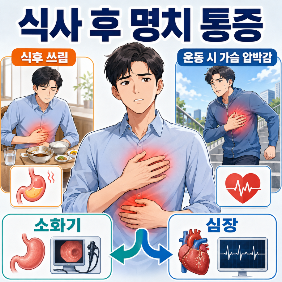 식사 후 명치 통증과 식후 쓰림, 운동 시 가슴 압박감을 소화기와 심장 진료 방향으로 비교한 의료 인포그래픽