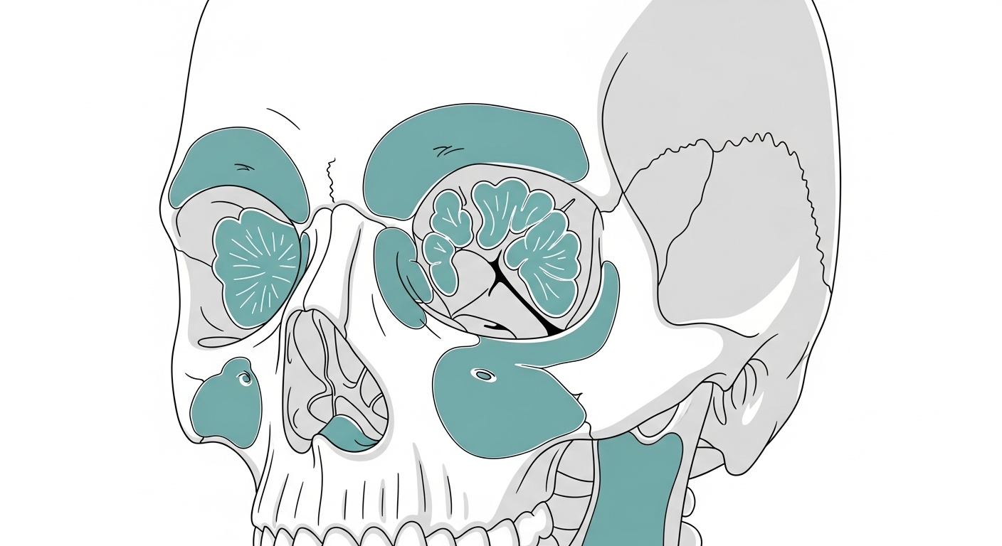인간 두개골 내부의 부비동 위치를 명확하게 보여주는 해부학적 삽화. 부비동암이 발생하는 부위를 시각적으로 설명.