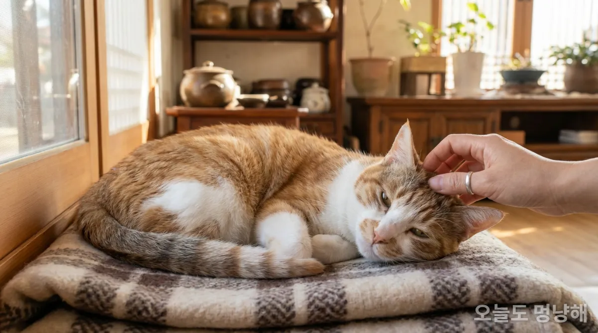 따뜻한 햇살 아래에서 휴식을 취하는 노령 고양이와 보호자의 손길