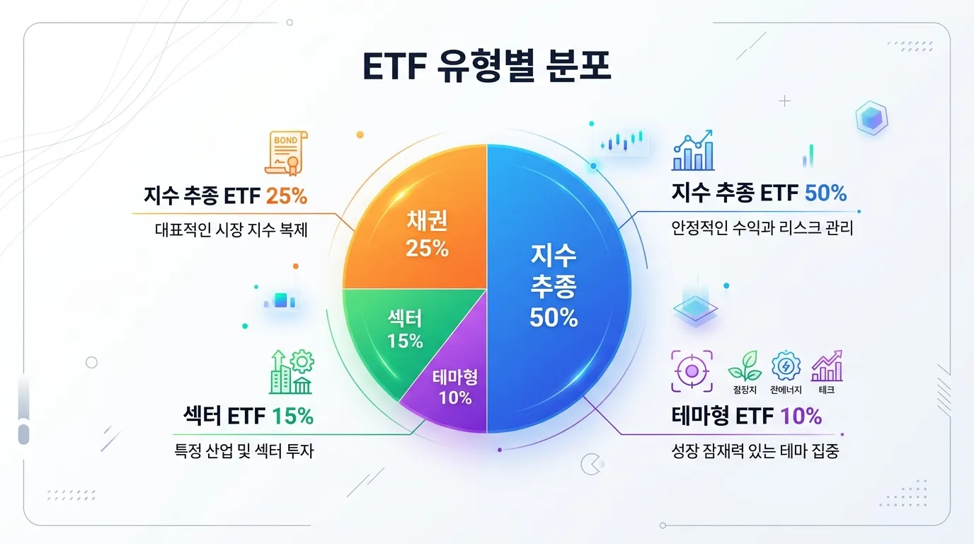 ETF 종류별 비중을 원형 차트로 나눈 인포그래픽