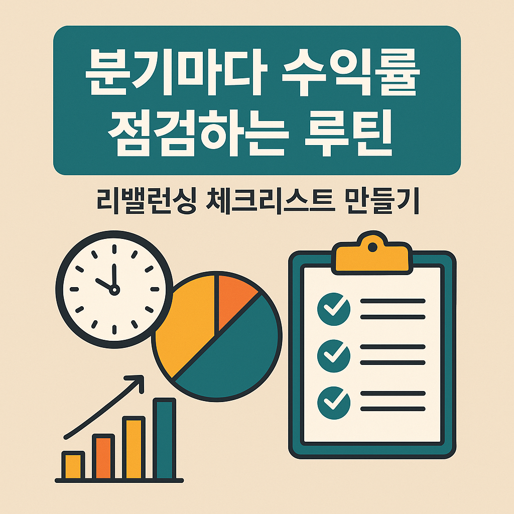 ETF 리밸런싱 체크리스트를 상징하는 썸네일 &ndash; 수익률 그래프, 체크박스, 구글시트 UI 요소가 포함된 플랫 디자인 일러스트