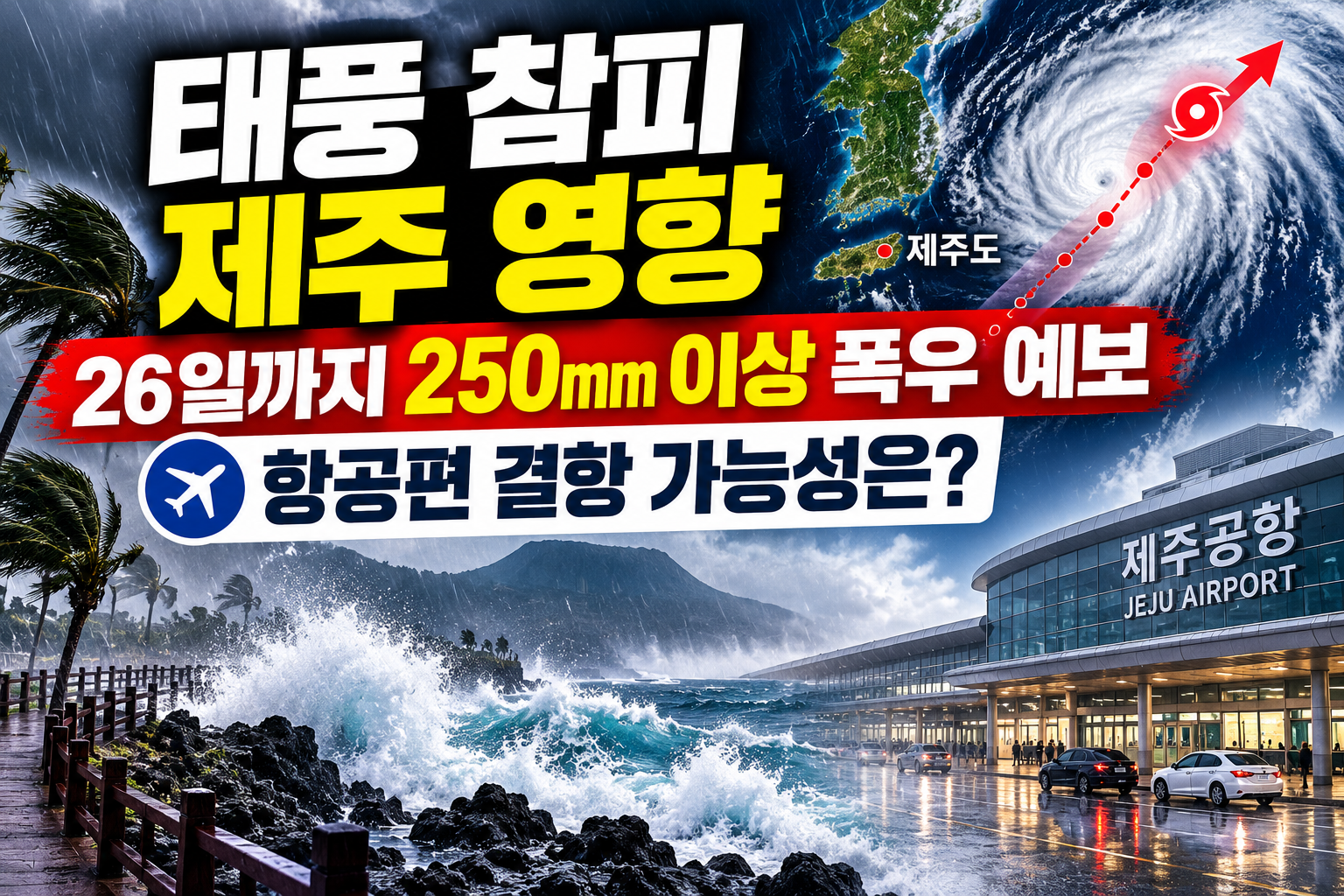 2026년 30호 태풍 참피 제주 영향, 10월 26일까지 산지 250mm 이상 폭우 예보와 제주공항 항공편 결항 가능성