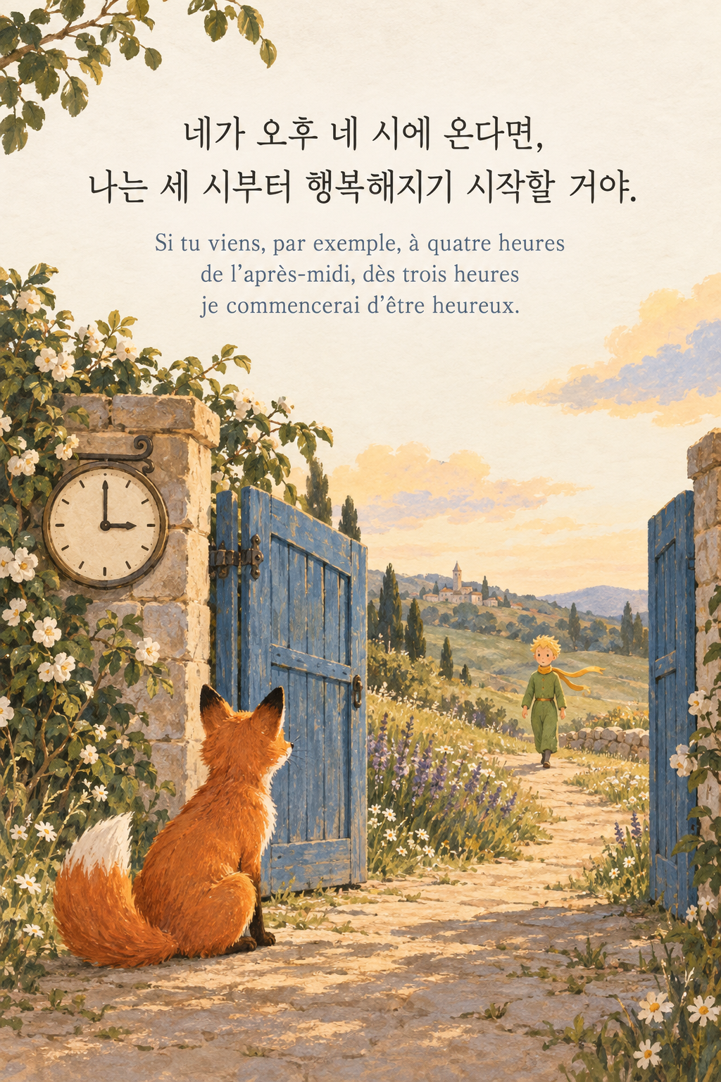 네가 오후 네 시에 온다면, 나는 세 시부터 행복해지기 시작할 거야. 프랑스어 원문과 함께 담은 어린 왕자 그림 이미지