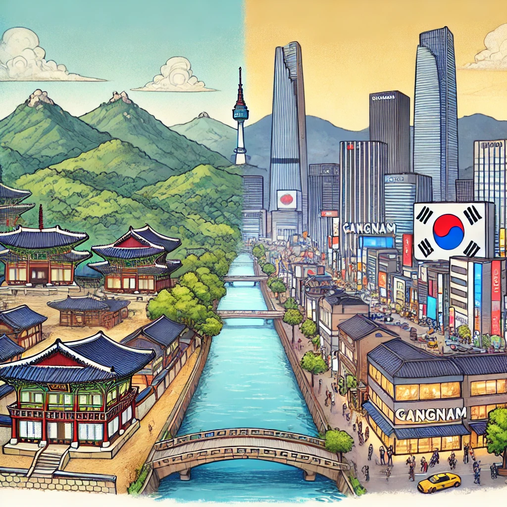 우리나라 강북과 강남을 비교해서 그린 그림