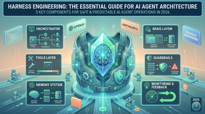 AI 에이전트를 안전하고 예측 가능하게 제어하는 '하네스 엔지니어링'의 5가지 핵심 요소(오케스트레이터, 툴 레이어, 메모리 시스템, 가드레일, 모니터링 피드백 루프)를 시각화한 인포그래픽형 썸네일 이미지. 2026년 기준, 오픈AI, 앤트로픽, 구글 딥마인드의 접근 방식을 반영하고 있다.