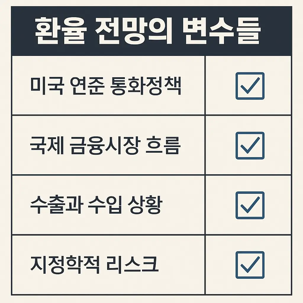 환율 전망의 변수들 - 글로벌 경기 둔화&amp;#44; 지정학적 리스크&amp;#44; 한국 금통위 정책이 환율에 미치는 영향을 표현한 이미지