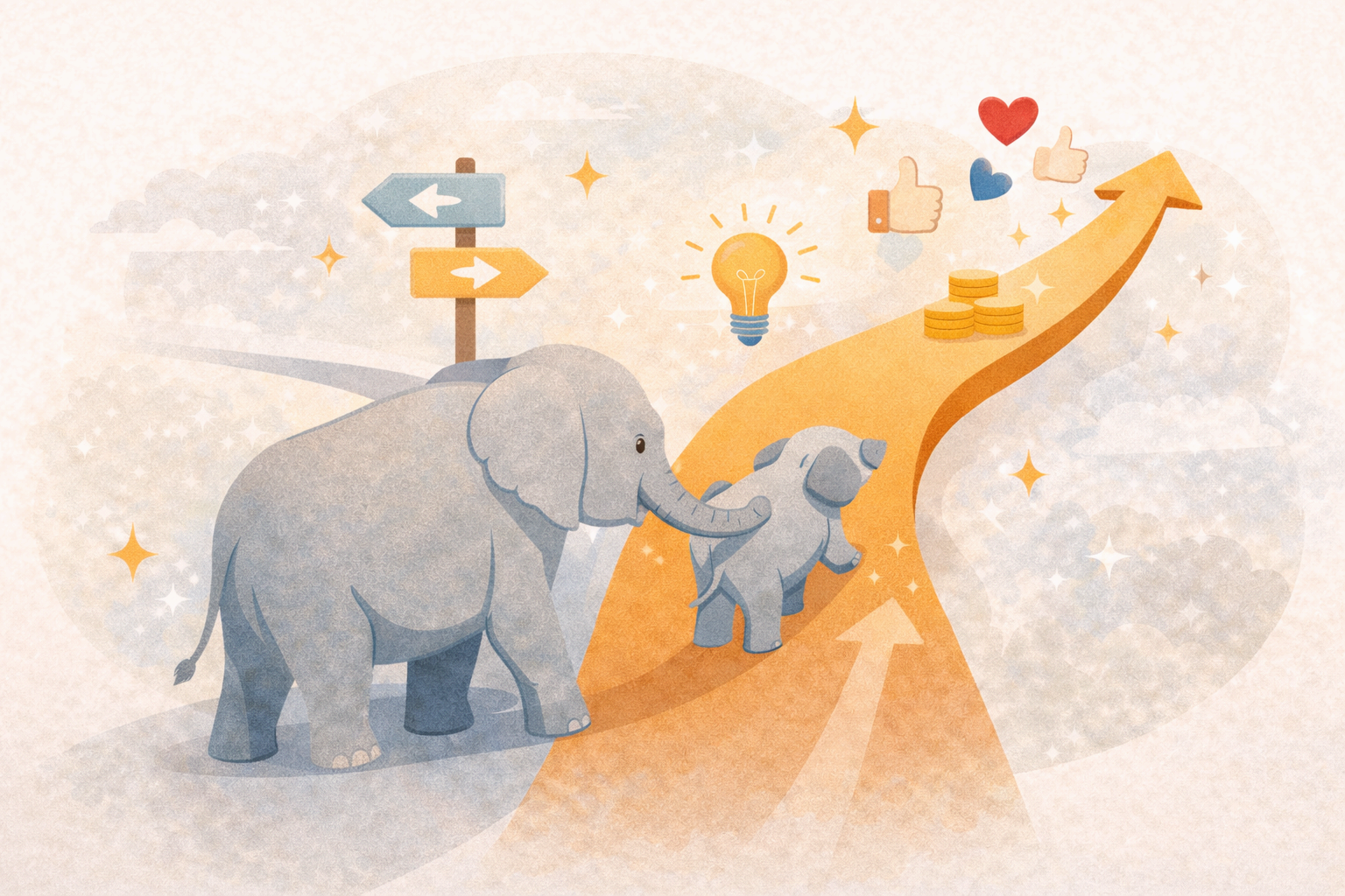 넛지를 상징하는 코끼리와 유도 화살표 일러스트